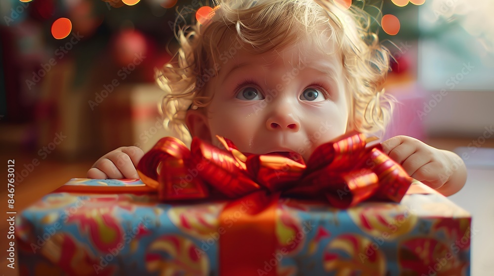 A child with a look of wonder, slowly unboxing a large gift wrapped in colorful paper and a big bow, eyes wide with anticipation A child with a look of wonder, slowly unboxing a large gift wrapped in colorful paper and a big bow, eyes wide with anticipation