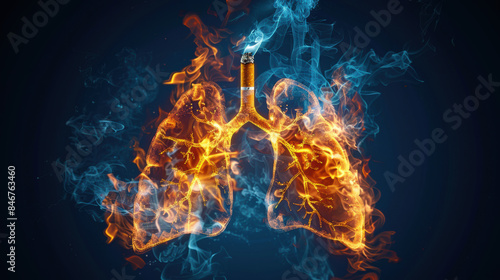 Artistic depiction of burning lungs with a smoking cigarette, highlighting the harmful effects of smoking on human respiratory health.
