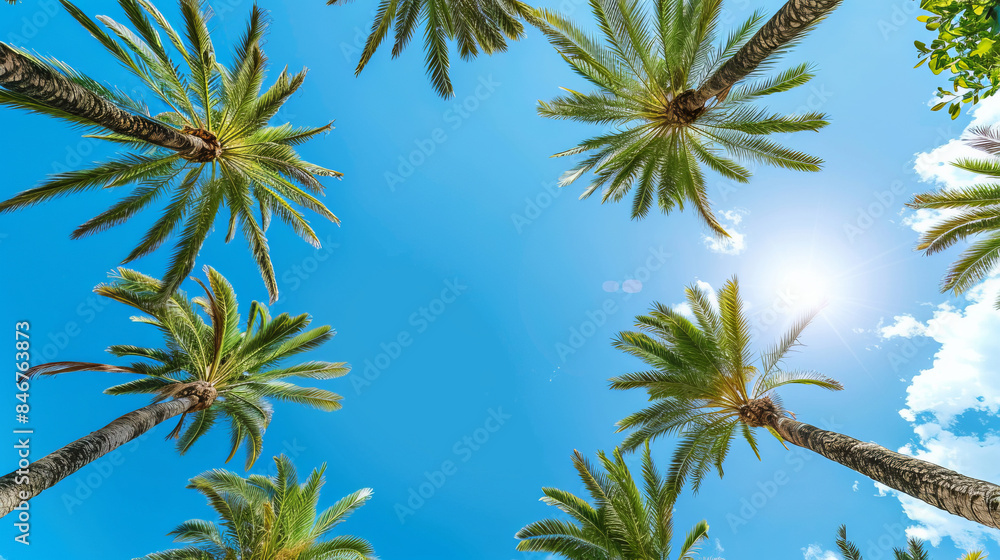 Looking up at tall palm trees with green leaves and blue sky Looking up at tall palm trees with green leaves and blue sky