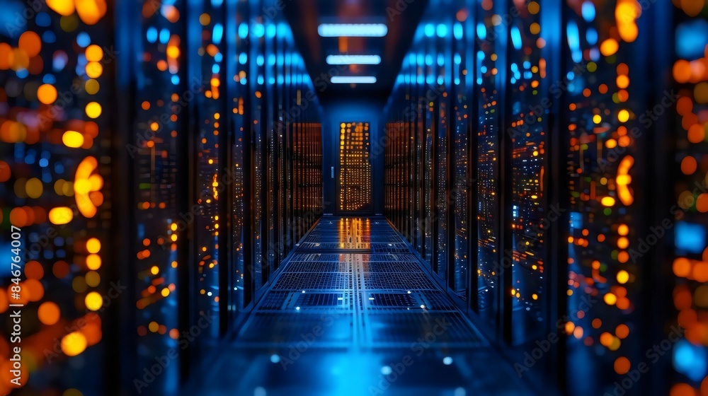 A computer server room with a blue and orange color scheme A computer server room with a blue and orange color scheme