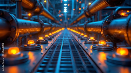 A computer-generated image of a corridor with futuristic industrial pipelines illuminated by blue lights