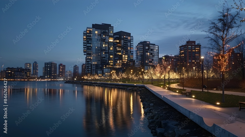 Obraz premium Vibrant Waterfront Cityscape with Elegant Residential Developments and Lush Parks at Dusk
