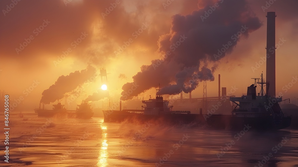 Atmospheric Industrial Port with Cargo Ships and Smoky Stacks at Sunset Atmospheric Industrial Port with Cargo Ships and Smoky Stacks at Sunset