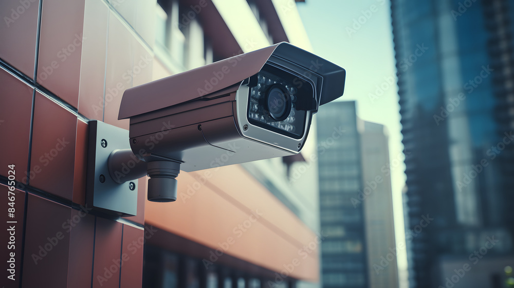 CCTV security camera in a city with business building on background CCTV security camera in a city with business building on background