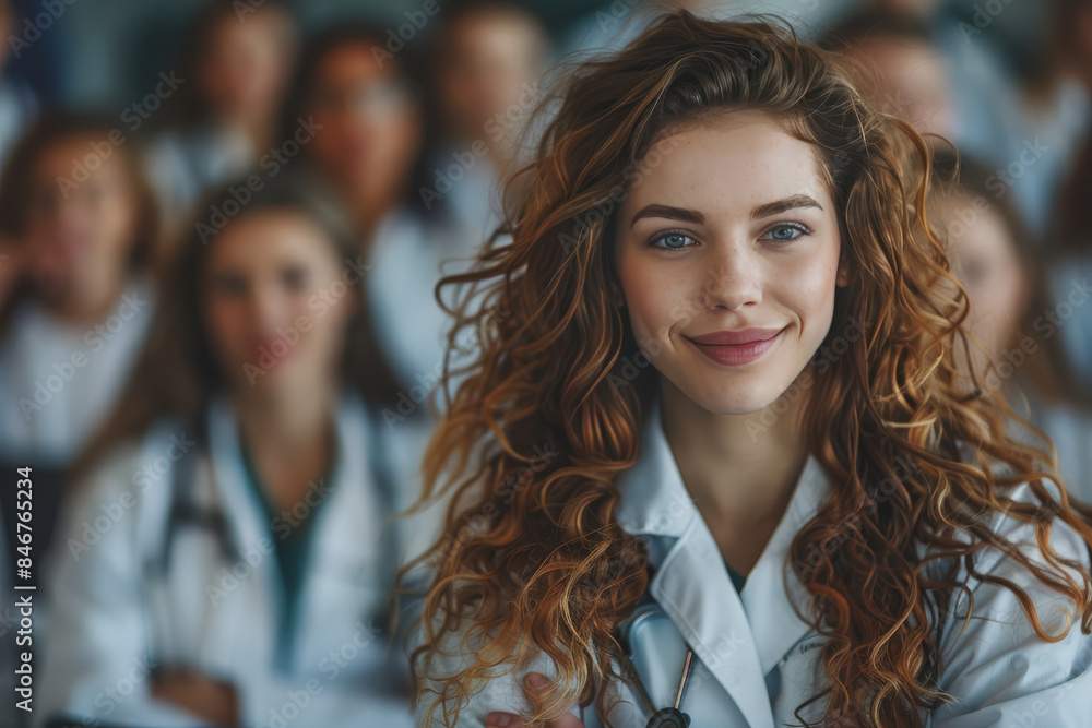 Obraz premium Photograph of a woman doctor, nurse, portrait shot smiling cheerfully, standing front row in class.