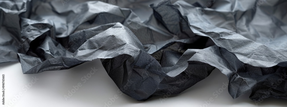 A crinkled black piece of tape on a white surface. A crinkled black piece of tape on a white surface.