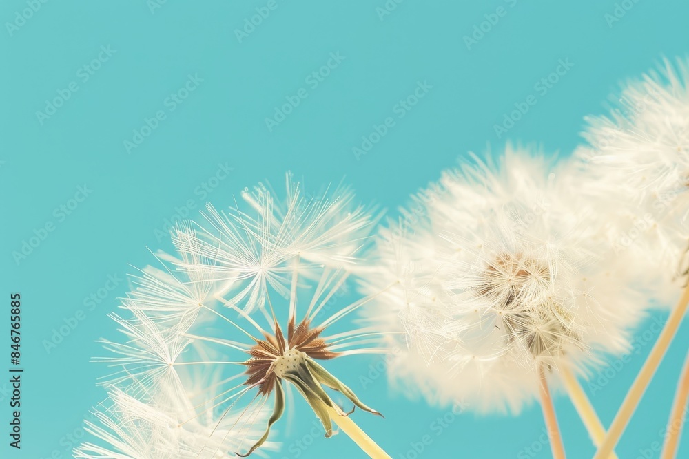 Fototapeta premium Delicate dandelion seeds silhouetted against vivid blue sky with soft bokeh background