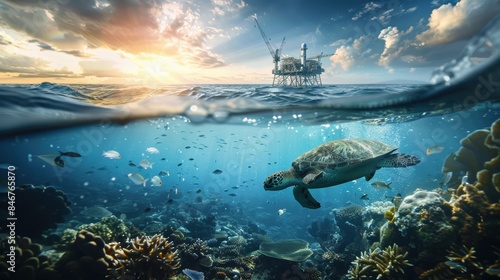 Marine life coexisting with offshore energy platforms, sustainable energy concept