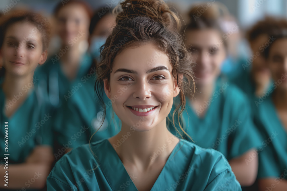 Photograph of a woman doctor, nurse, portrait shot smiling cheerfully, standing front row in class. Photograph of a woman doctor, nurse, portrait shot smiling cheerfully, standing front row in class.