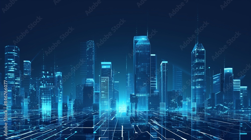 Fototapeta premium Modern Cityscape with Skyscrapers and Glass Buildings in Blue Shades Symbolizing Innovation and Technology. Representation of Digital Transformation in Real Estate