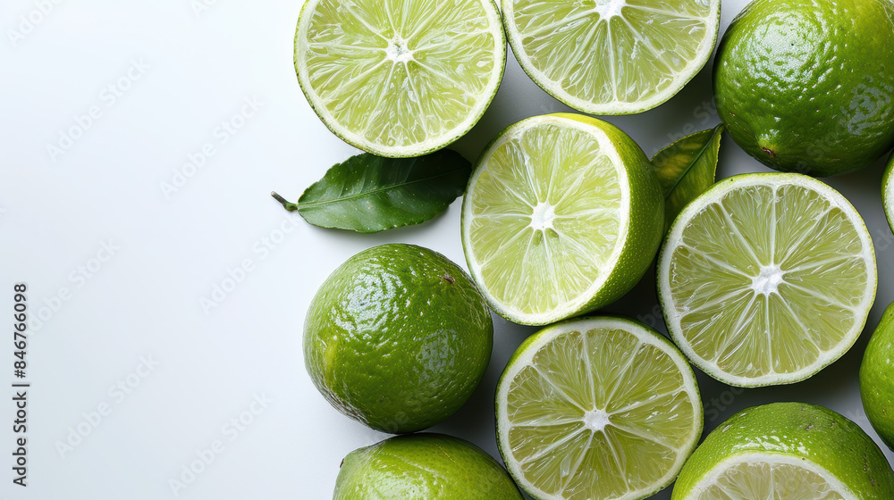 Fresh lime halves and whole limes arranged neatly on a clean white background, featuring vibrant green colors and natural textures suitable for culinary projects. Fresh lime halves and whole limes arranged neatly on a clean white background, featuring vibrant green colors and natural textures suitable for culinary projects.