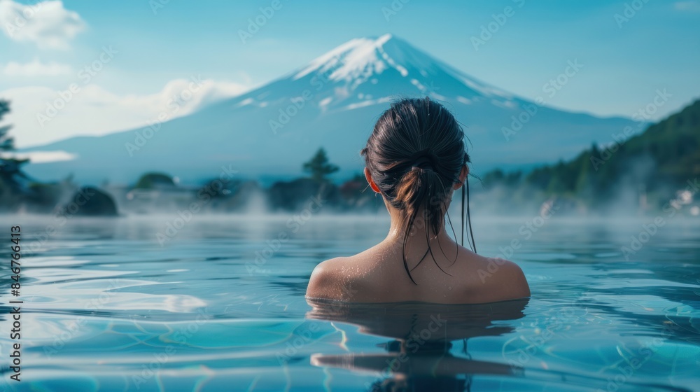 Rear view of woman enjoy onsen in the morning and seeing view of Fuji mountain in japan Rear view of woman enjoy onsen in the morning and seeing view of Fuji mountain in japan