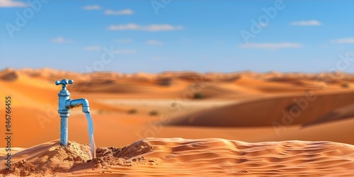 Water tap flowing into desert sand on a warming waterscarce planet. Concept Climate Change, Water Conservation, Desertification, Environmental Sustainability, Global Warming