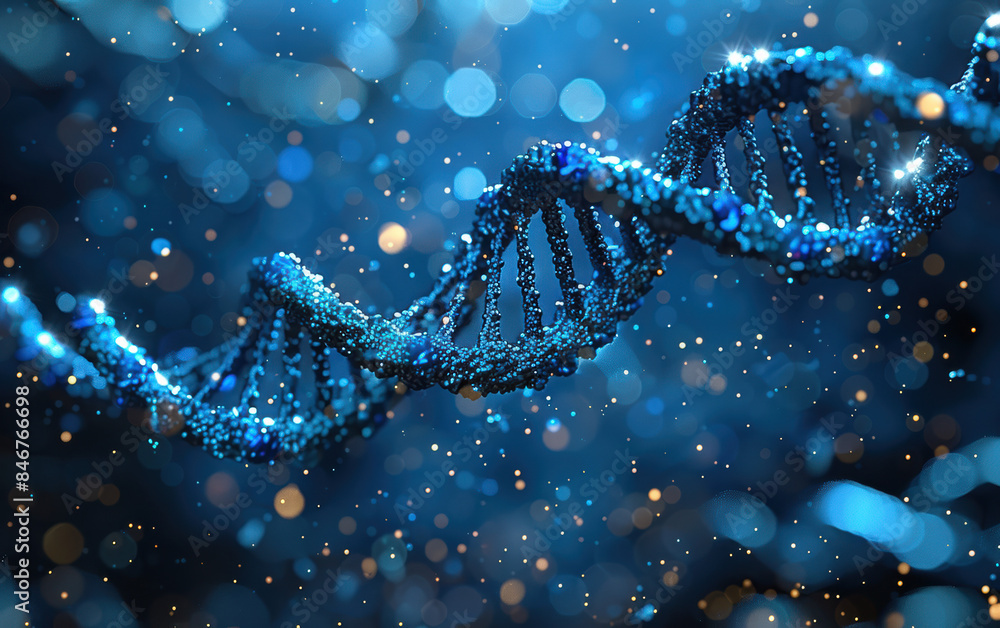 Closeup of an intricate blue DNA strand surrounded by sparkling particles on a dark background, representing genetic science and biotechnology.