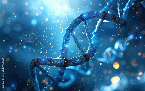 Close-up of a DNA double helix structure against a glowing blue background with light particles floating, symbolizing genetics and molecular biology. photo