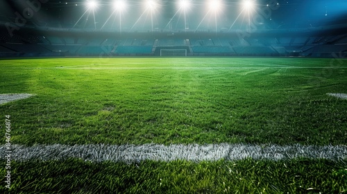 Football stadium arena with spotlight, green grass field, soccer match background