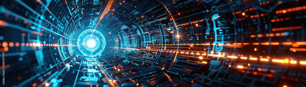 Futuristic digital tunnel with glowing blue and orange lights, representing data flow, technology, and innovation in a cyber world. Futuristic digital tunnel with glowing blue and orange lights, representing data flow, technology, and innovation in a cyber world.