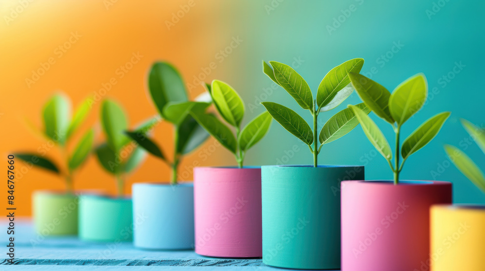 Vibrant seedlings in colorful pots, symbolizing growth and renewal against a gradient background. Perfect for eco-friendly, nature, and gardening themes. Vibrant seedlings in colorful pots, symbolizing growth and renewal against a gradient background. Perfect for eco-friendly, nature, and gardening themes.