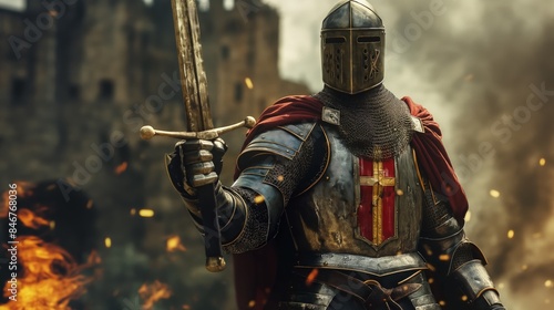 Knight in full armor stands ready, sword in hand, with flames and castle ruins in the background. photo