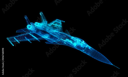 Military Jet from x-ray polygonal line. Air plane in motion, lines and connected to 3d form. 3d rendering