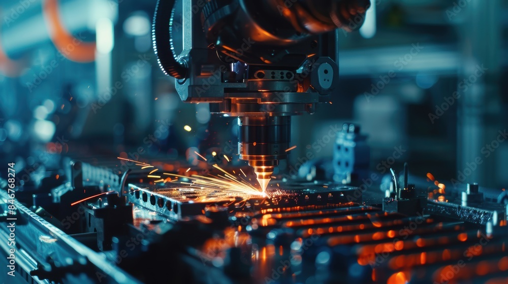 Closeup of a robotic arm using advanced laser technology to cut materials in a dimly lit smart factory, sparks flying Closeup of a robotic arm using advanced laser technology to cut materials in a dimly lit smart factory, sparks flying