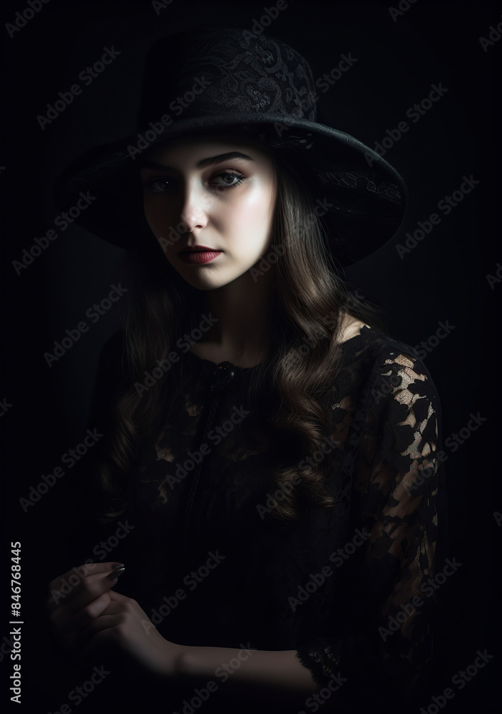 Portrait of a woman wearing a black hat and lace dress. Studio portrait with dark background. Gothic fashion and vintage style concept Portrait of a woman wearing a black hat and lace dress. Studio portrait with dark background. Gothic fashion and vintage style concept
