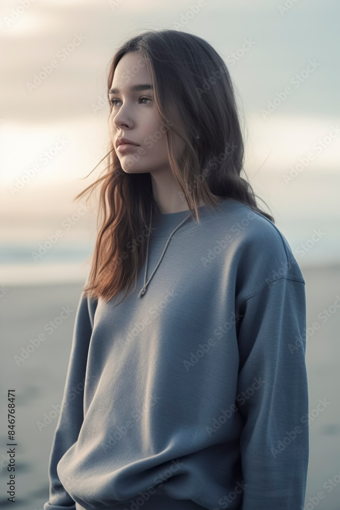 Portrait of a woman standing on the beach wearing a gray sweatshirt. Sunset background. Contemplation and tranquility concept Portrait of a woman standing on the beach wearing a gray sweatshirt. Sunset background. Contemplation and tranquility concept
