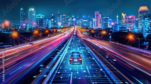 Autonomous vehicle highway with digital network overlays in a futuristic cityscape