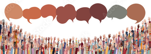 Diversity equality inclusion belonging. Group of raised hands of multicultural men and women. DEIB concept. Communication across diverse cultures. Tolerance and acceptance