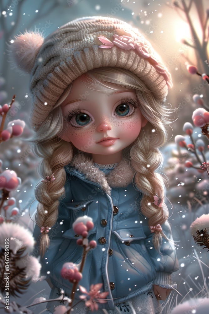 A cartoon girl with big blue eyes, long blond hair in pigtails, a knitted hat, a warm blue jacket, and snowflakes in the air against a winter landscape. A cartoon girl with big blue eyes, long blond hair in pigtails, a knitted hat, a warm blue jacket, and snowflakes in the air against a winter landscape.