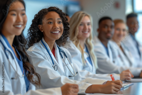 A diverse group of medical students in white lab coats, smiling and taking notes during a lecture. They are seated in a row, focused and engaged, representing the future of healthcare professionals.
