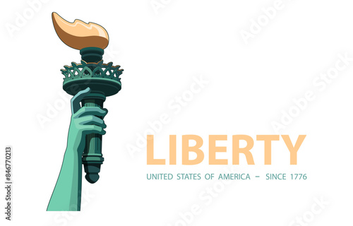 Statue of Liberty monument. Hand with torch of Statue of Liberty, national symbol of America New York, banner, advertising. Green flat design template, presentation. USA holiday. Vector illustration