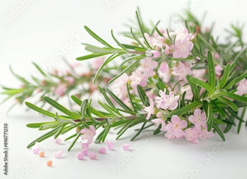 Fresh Pink Flowers with Green Leaves on a White Surface