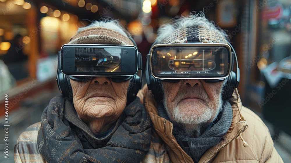 An elderly woman and an elderly Asian man are sitting wearing virtual reality glasses. An elderly woman and an elderly Asian man are sitting wearing virtual reality glasses.