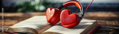 Heart shaped headphones lying on a book, promoting the idea of finding solace in music and literature photo