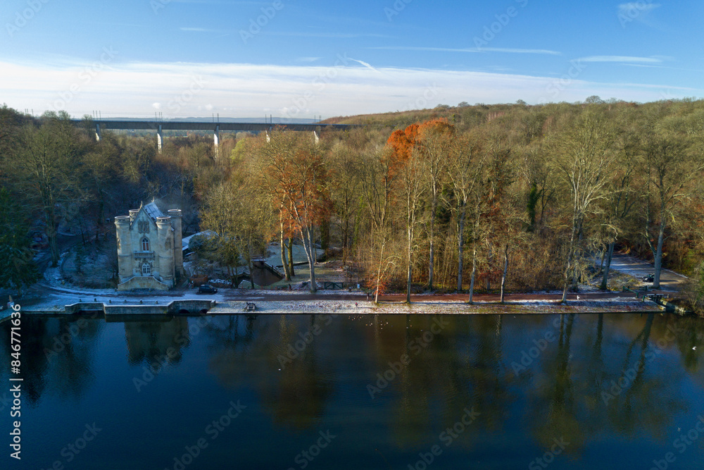Fototapeta premium Aerial view of the Étangs de Commelles in winter
