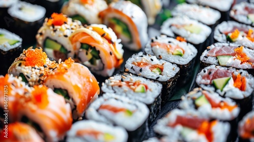 Close-up of sushi rolls with various fillings, highlighting the creativity and diversity of Japanese cuisine.