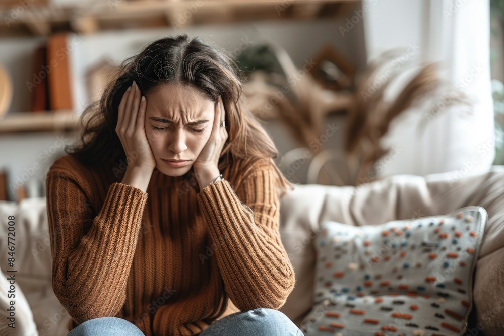 Fototapeta premium A young woman is sitting on a sofa in a living room and holding her head with both hands. Eyes closed in pain