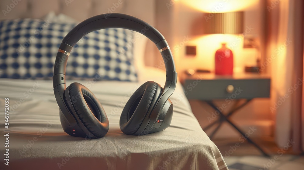 Heart shaped headphones on a nightstand, implying the comfort of listening to your heart before sleep Heart shaped headphones on a nightstand, implying the comfort of listening to your heart before sleep