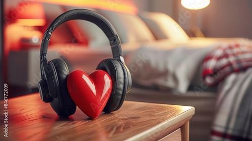 Heart shaped headphones on a nightstand, implying the comfort of listening to your heart before sleep