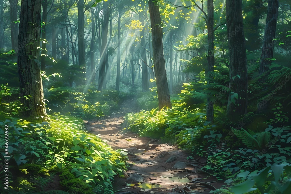 Obraz premium Forest trail with sunlight filtering through trees, lush greenery, detailed, photo realism