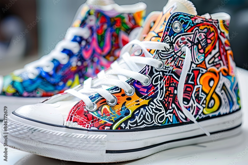 custom made wallpaper toronto digitalClose-up photo of a pair of custom sneakers with a vibrant, graffiti-inspired design. Generative AI