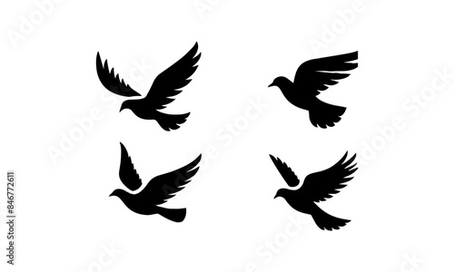 Birds in flight silhouettes set icon in black and white Birds logo icon set