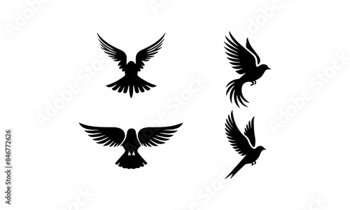 Birds in flight silhouettes set icon in black and white Birds logo icon set