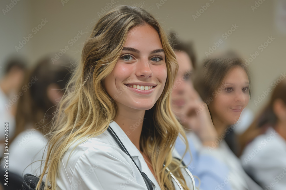 Fototapeta premium Photograph of a woman doctor, nurse, portrait shot smiling cheerfully, standing front row in class.