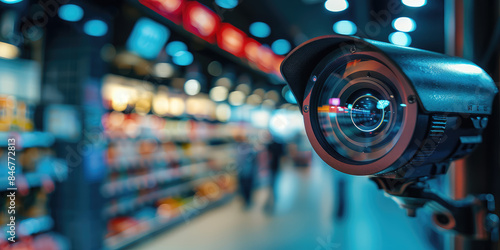 Close-up of a security camera lens reflecting panorama of supermarket