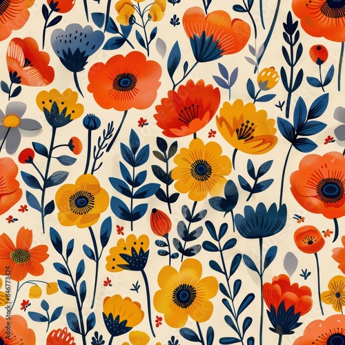 Vibrant Floral Pattern with Retro 70s Vibe Featuring Orange, Red, and Yellow Flowers with Blue and Green Leaves on Light Yellow Background - Cheerful Summery Design