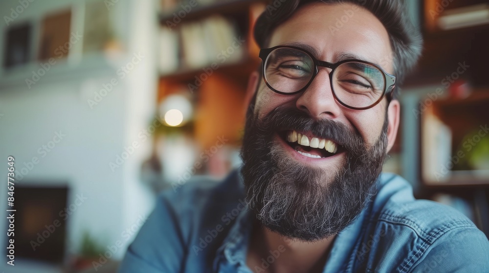 Man with a beard and glasses, casual and happy, relaxing in his living room with a bright smile Man with a beard and glasses, casual and happy, relaxing in his living room with a bright smile