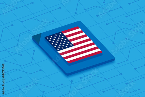 USA national flag on CPU microprocessor