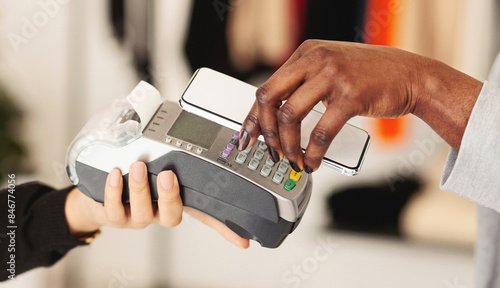 NFC technology. Woman making mobile payment with electronic reader, closeup